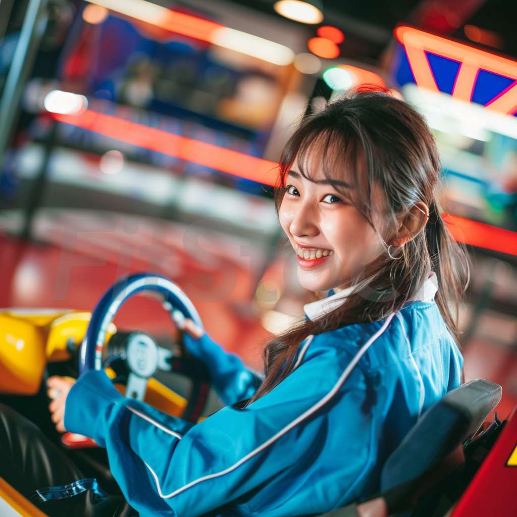 ゲームセンターでドライブゲームを楽しむ女性