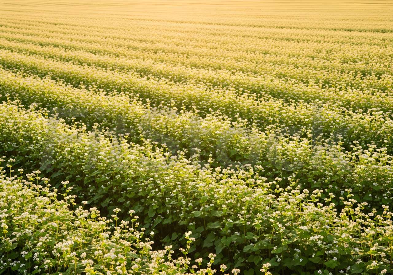 夕日に照らされる蕎麦畑