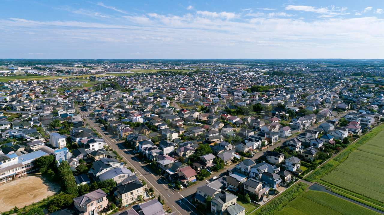 日本の郊外の住宅街の空撮