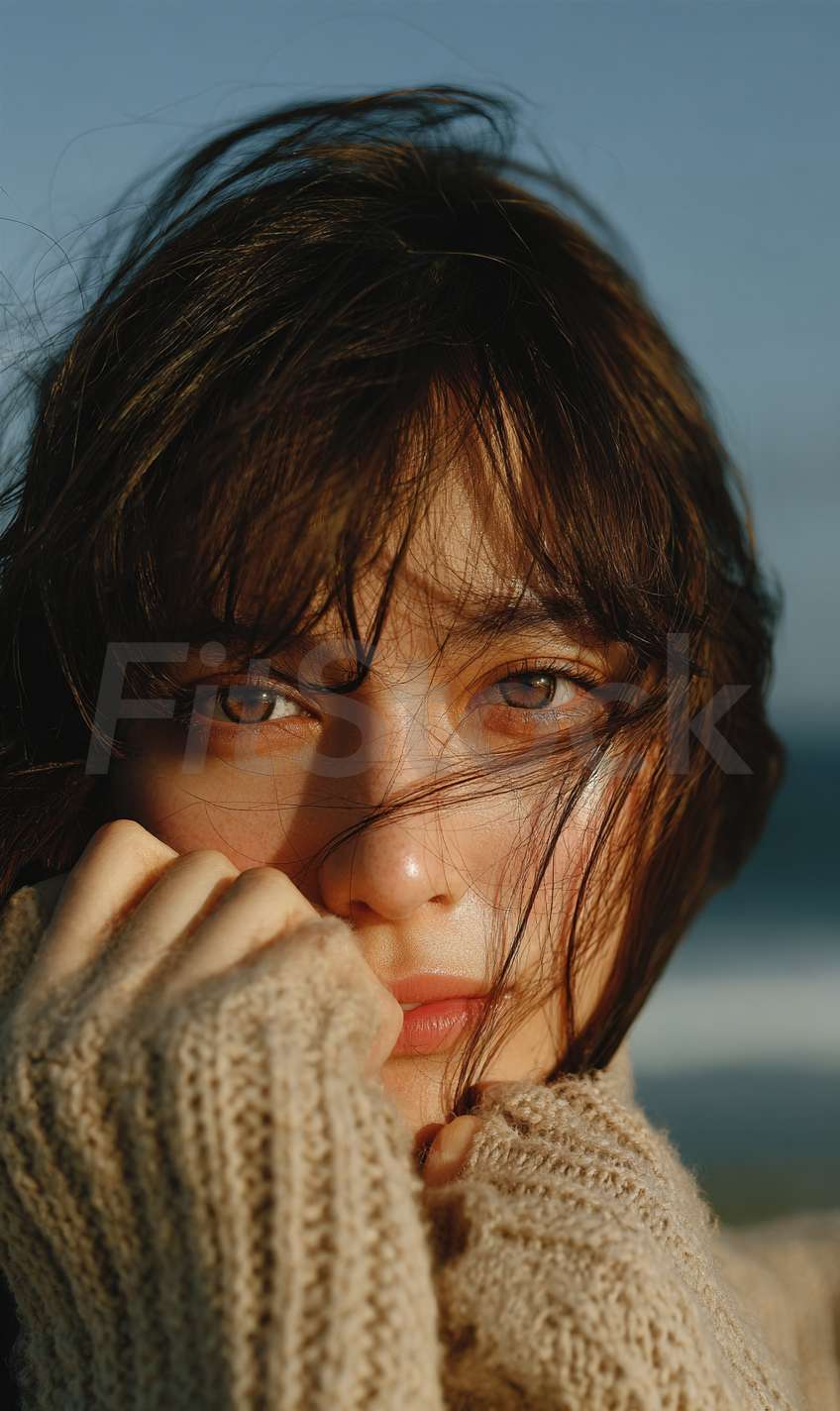 海辺で佇むナチュラルな雰囲気の女性のポートレート