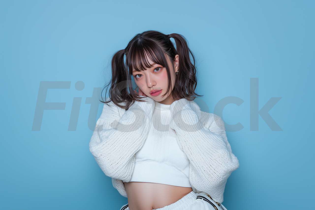 白いニットとツインテールのキュートな日本人女性