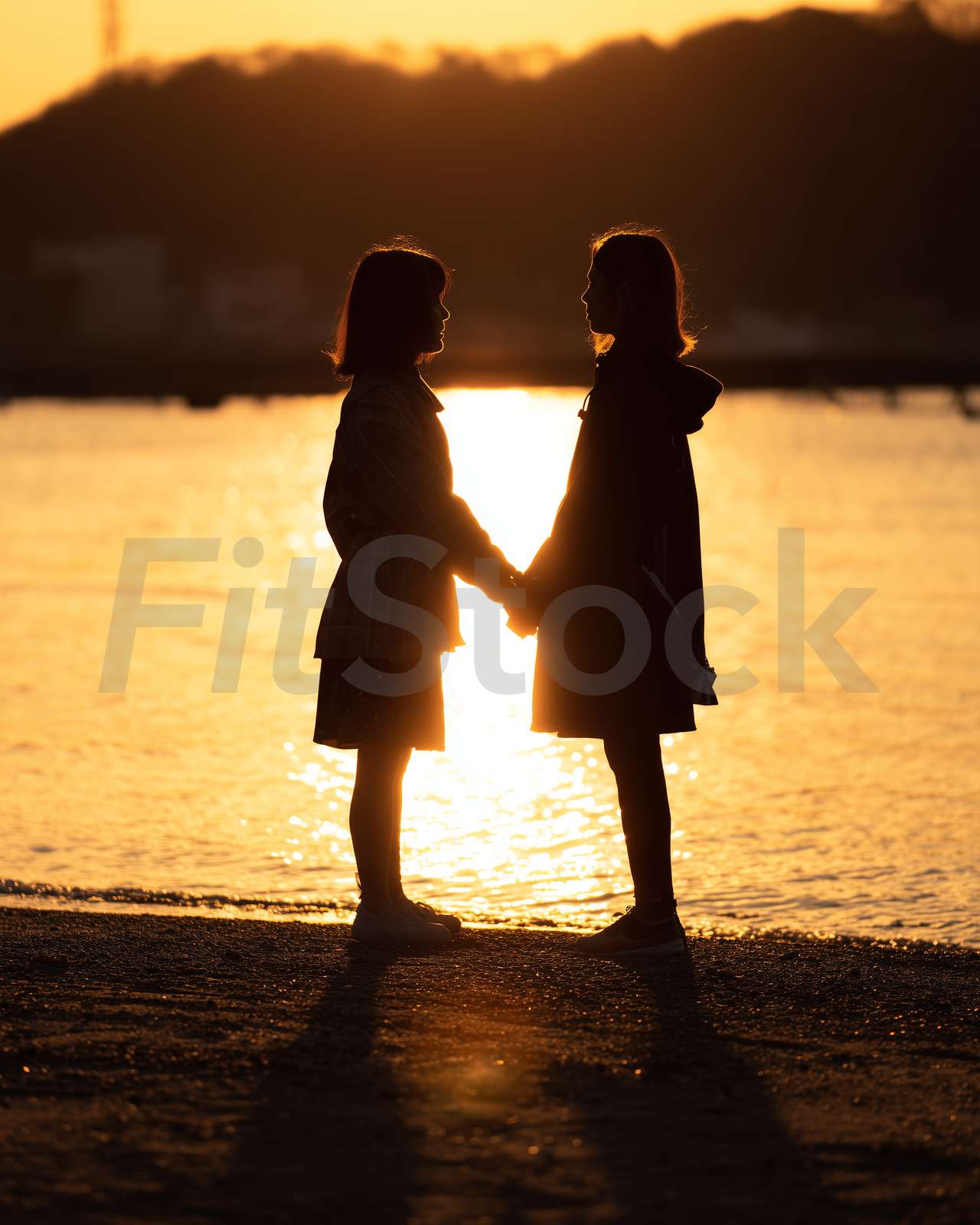夕暮れの海岸で手を繋ぐ二人の女性のシルエット