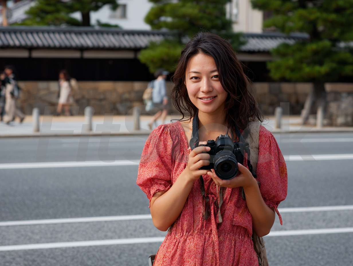 カメラを持って街を歩く笑顔の女性