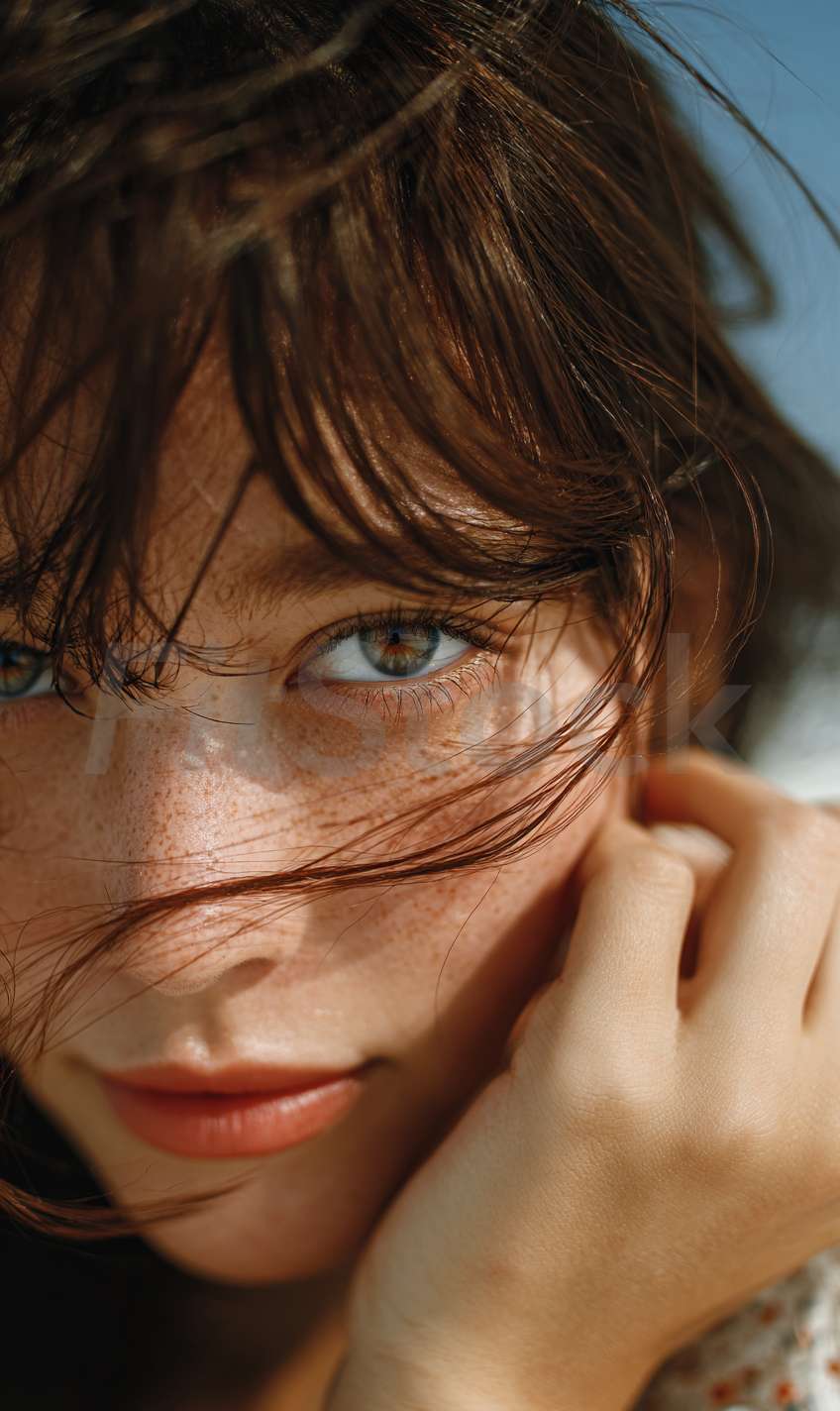 そばかすのある自然体な女性のクローズアップポートレート
