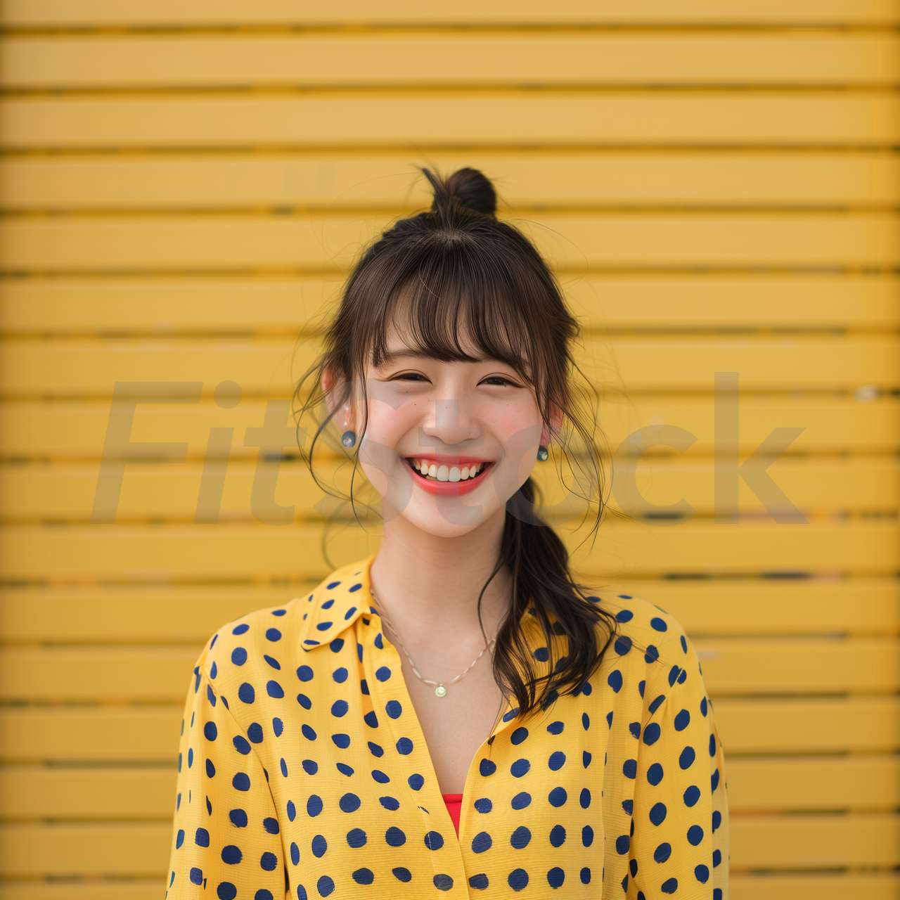 黄色い背景の前で笑顔を見せるポルカドットシャツの女性