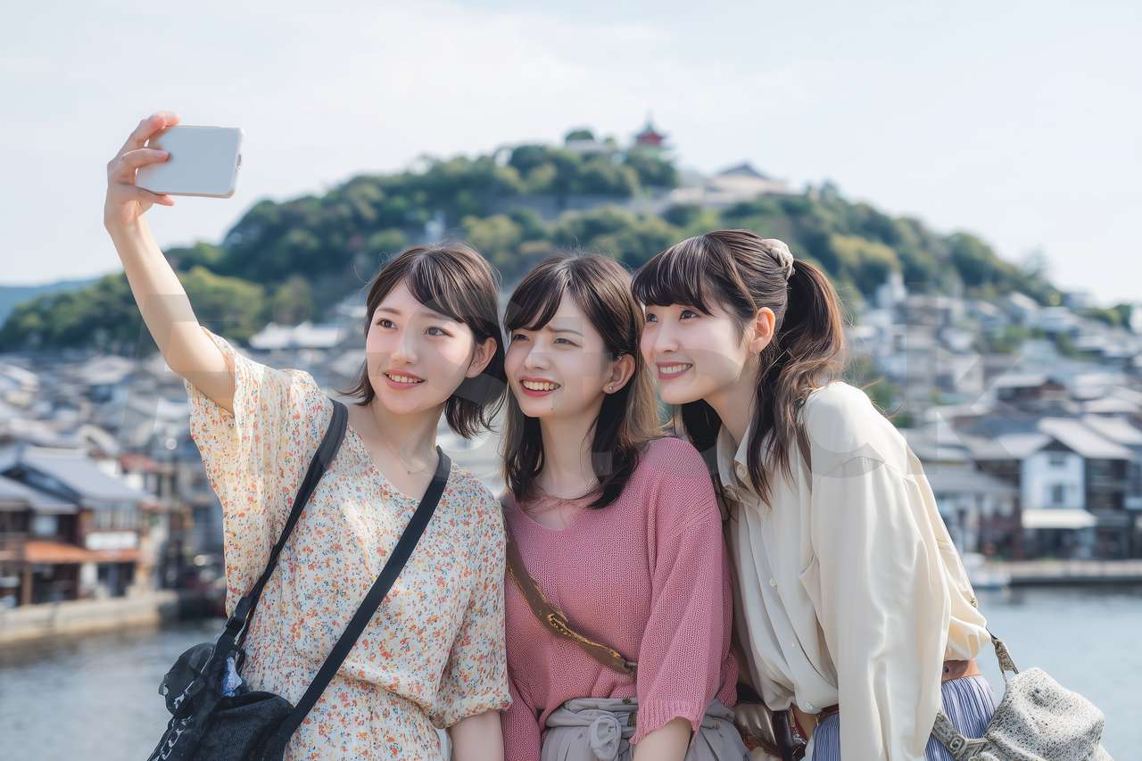 観光地で自撮りを楽しむ3人の日本人女性
