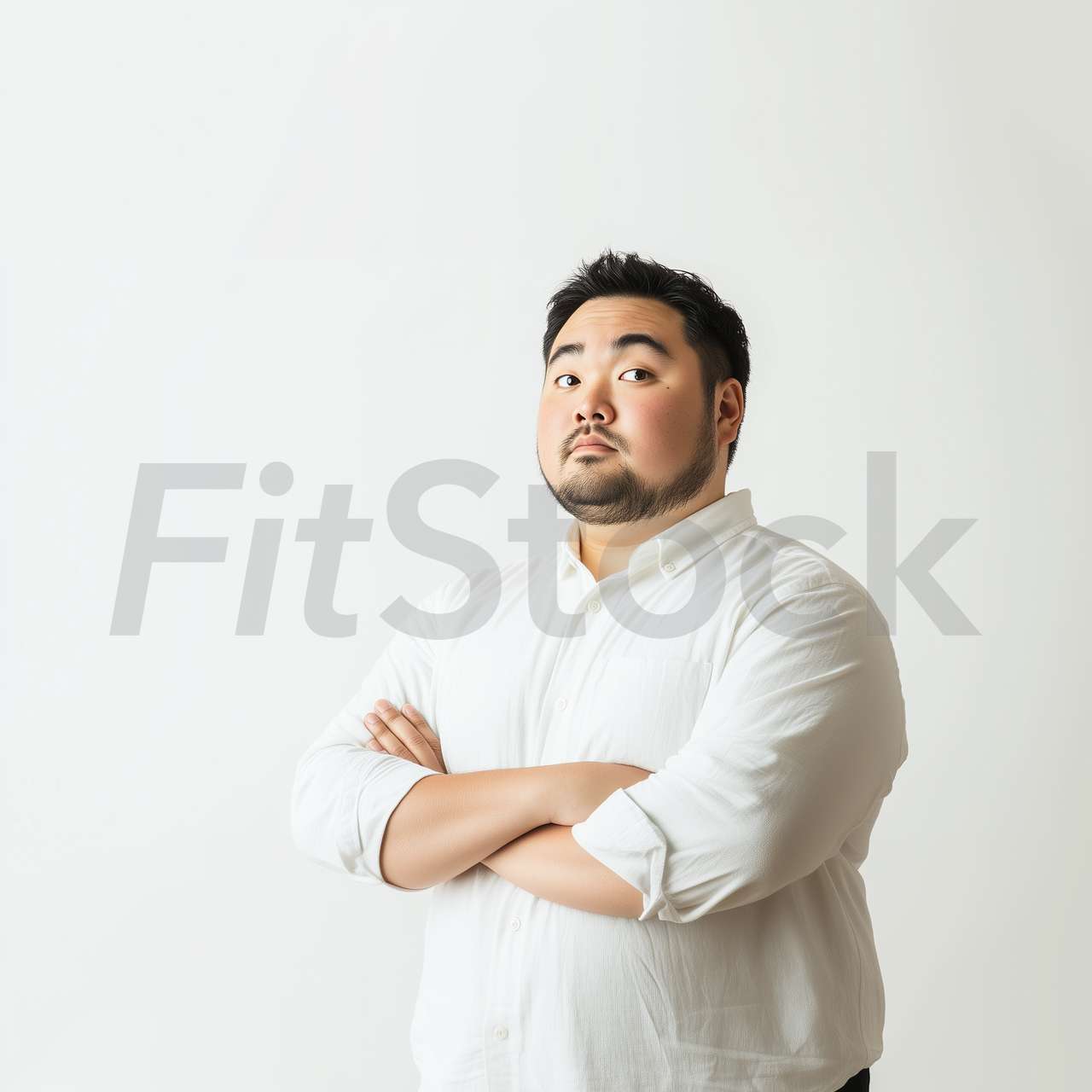 腕を組んで自信ありげに見つめる太めの男性
