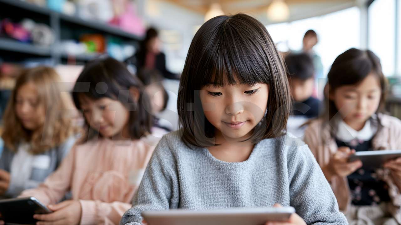 タブレットを使って学習する日本の小学生たち