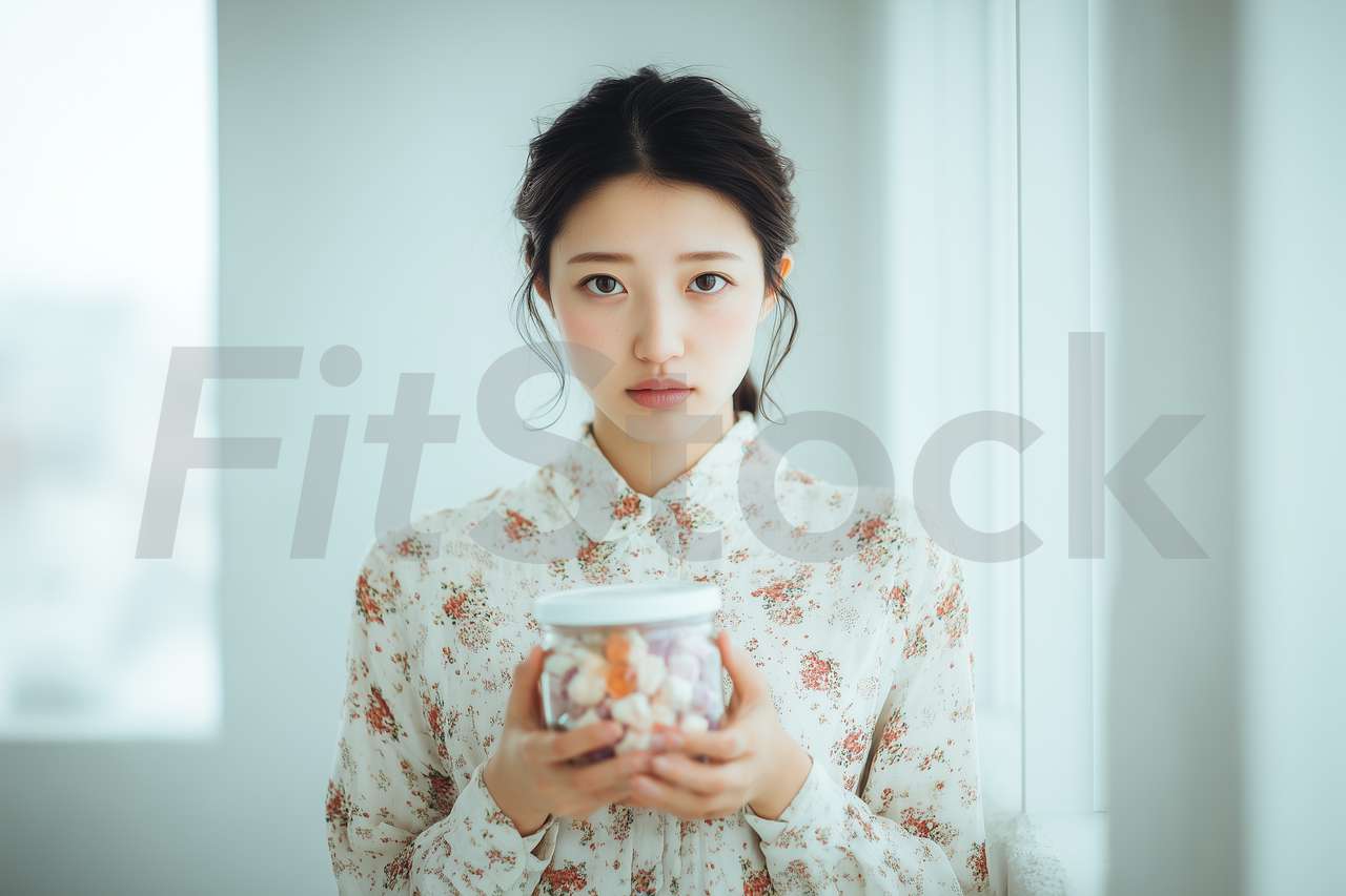 お菓子瓶を抱える花柄シャツの女性