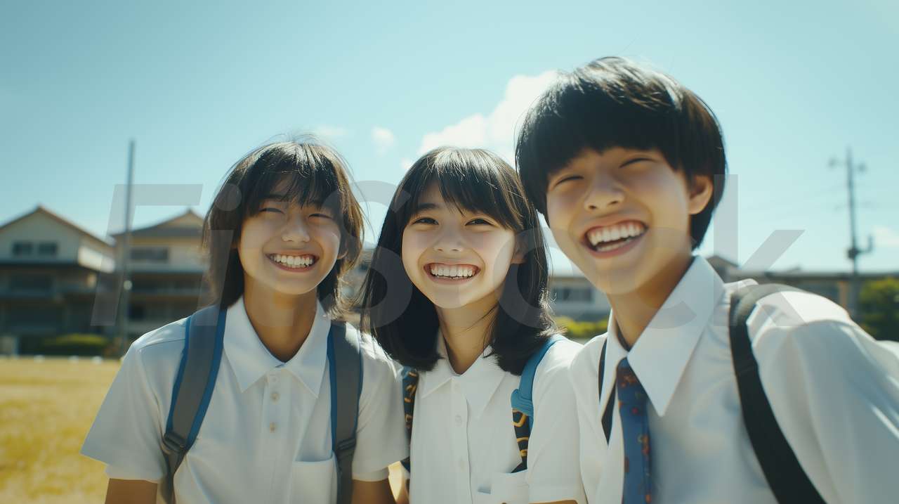 制服を着て笑顔で寄り添う学生たち
