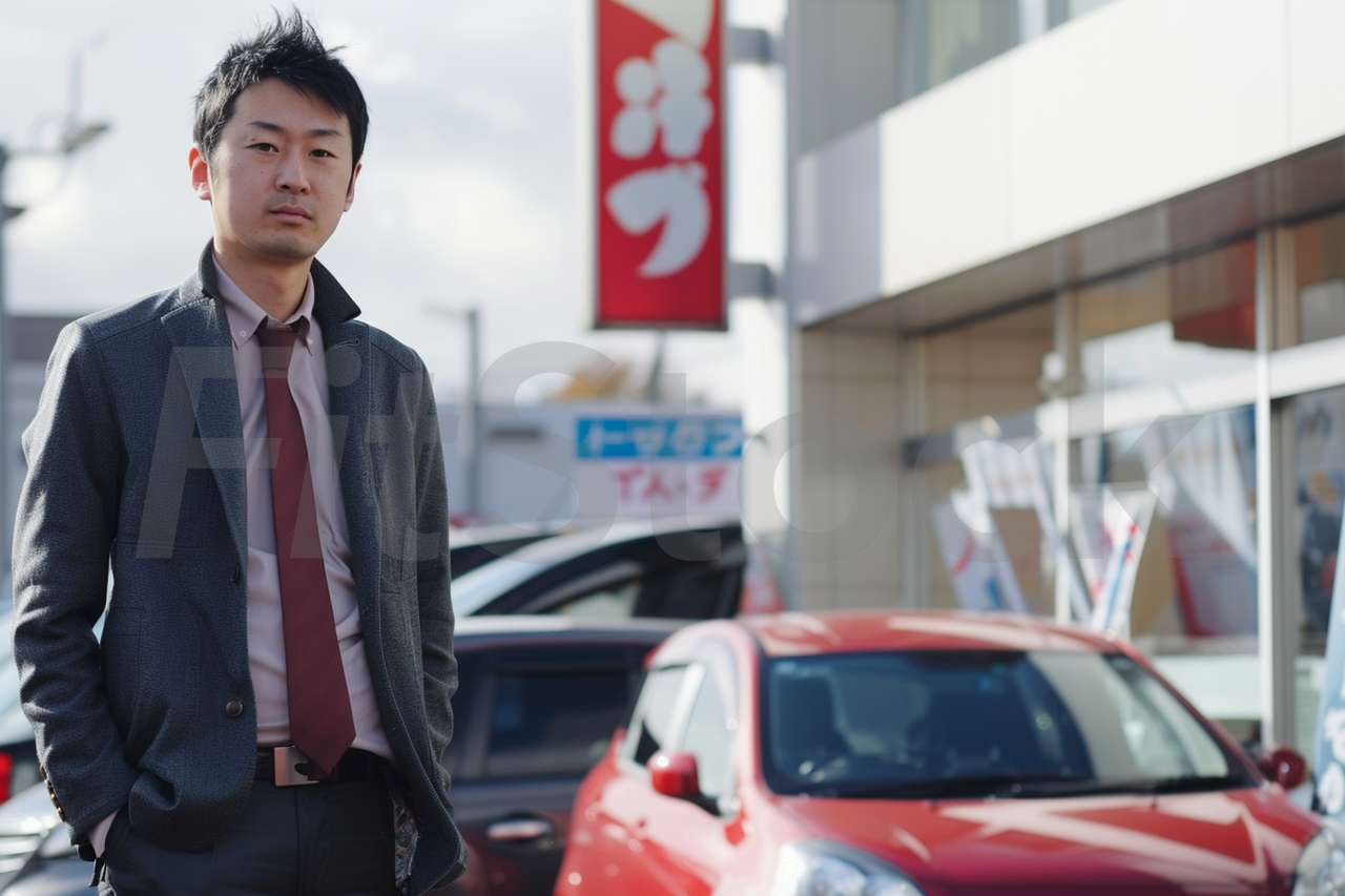 中古車販売店に立つ男性スタッフ