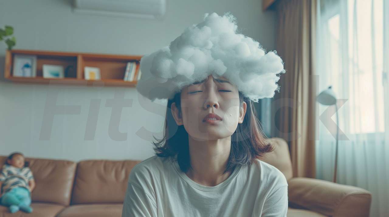 頭の上に雲を乗せてストレスを感じる女性