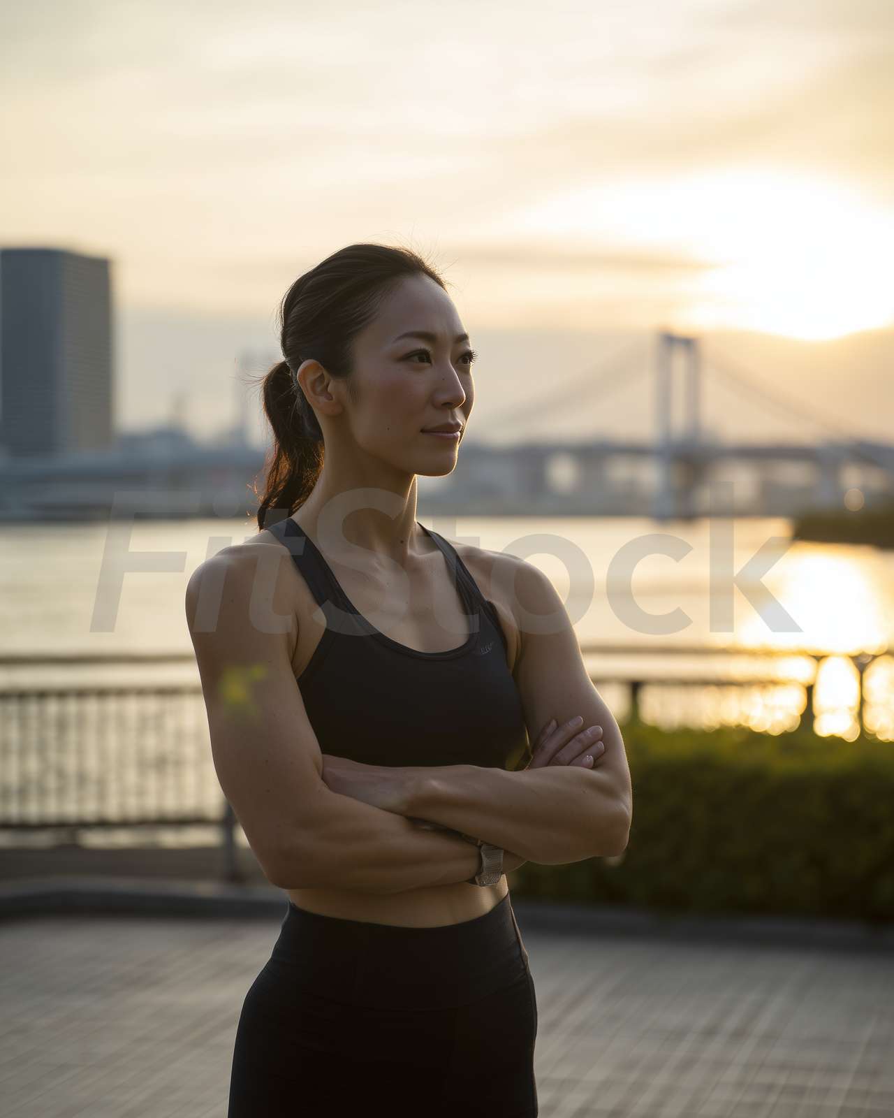 夕暮れの海辺で力強く立つ女性アスリート
