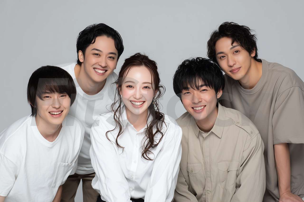 笑顔で寄り添う男女5人の集合写真