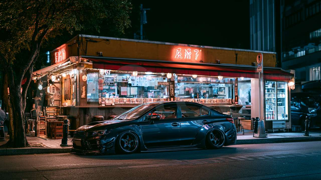 日本の屋台とカスタムスポーツカーの夜景