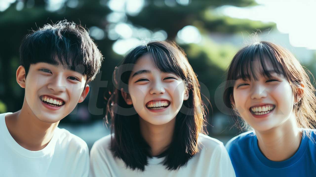 笑顔で並ぶ若者たちの明るいポートレート