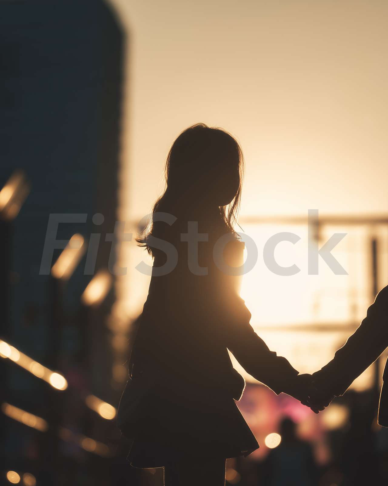 夕暮れ時に手をつなぐ二人のシルエット