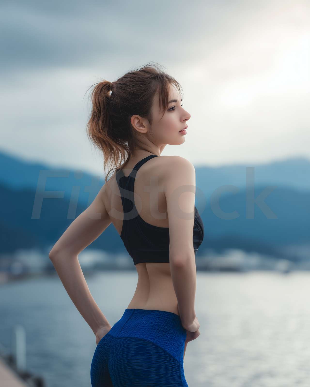 海辺で振り返るスポーツウェア姿の女性