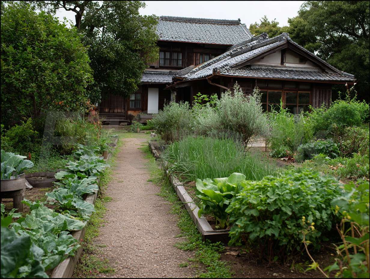 日本の伝統的な古民家と家庭菜園のある風景