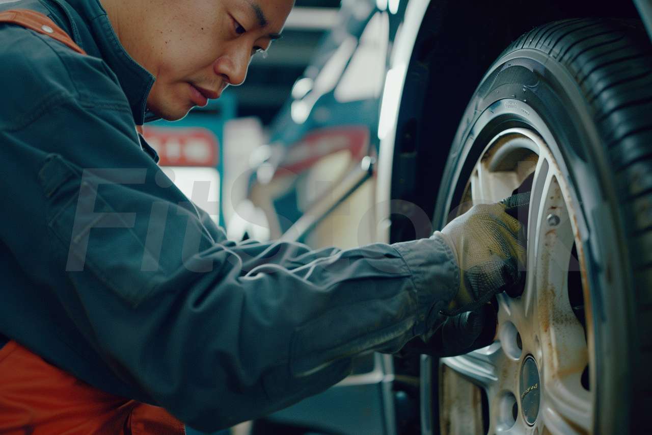 自動車整備工場でタイヤ交換作業をする整備士