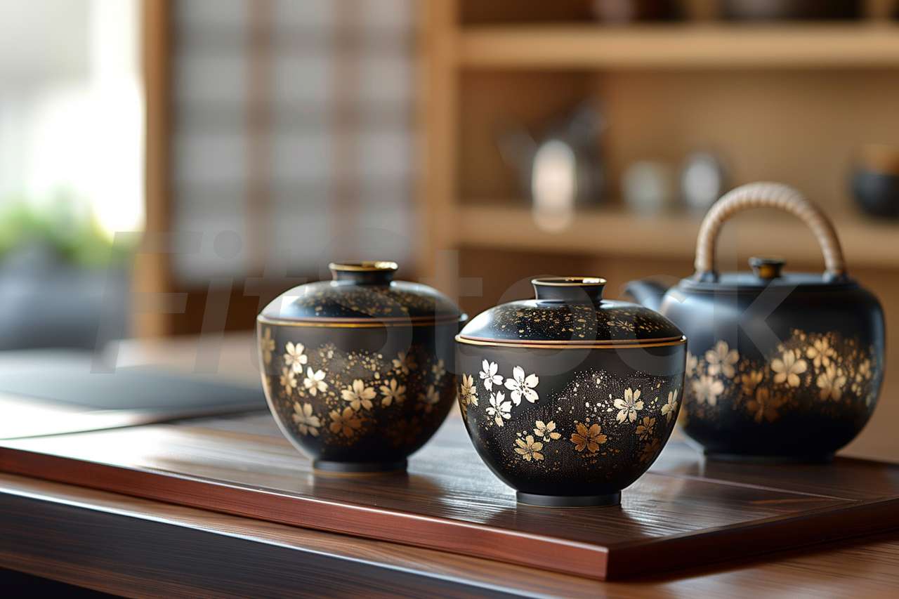 桜模様の漆器と急須