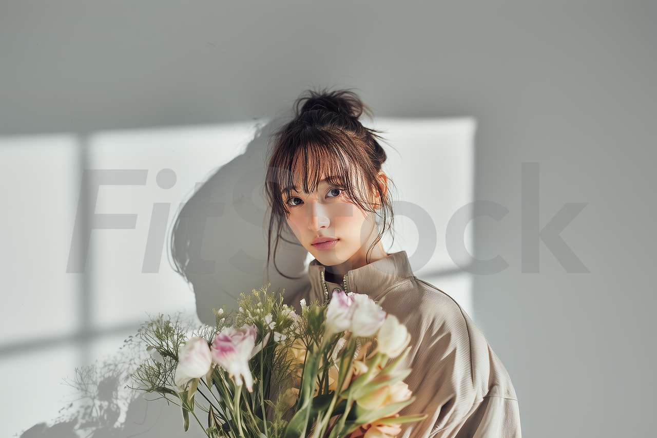 花束を抱える女性のナチュラルなポートレート