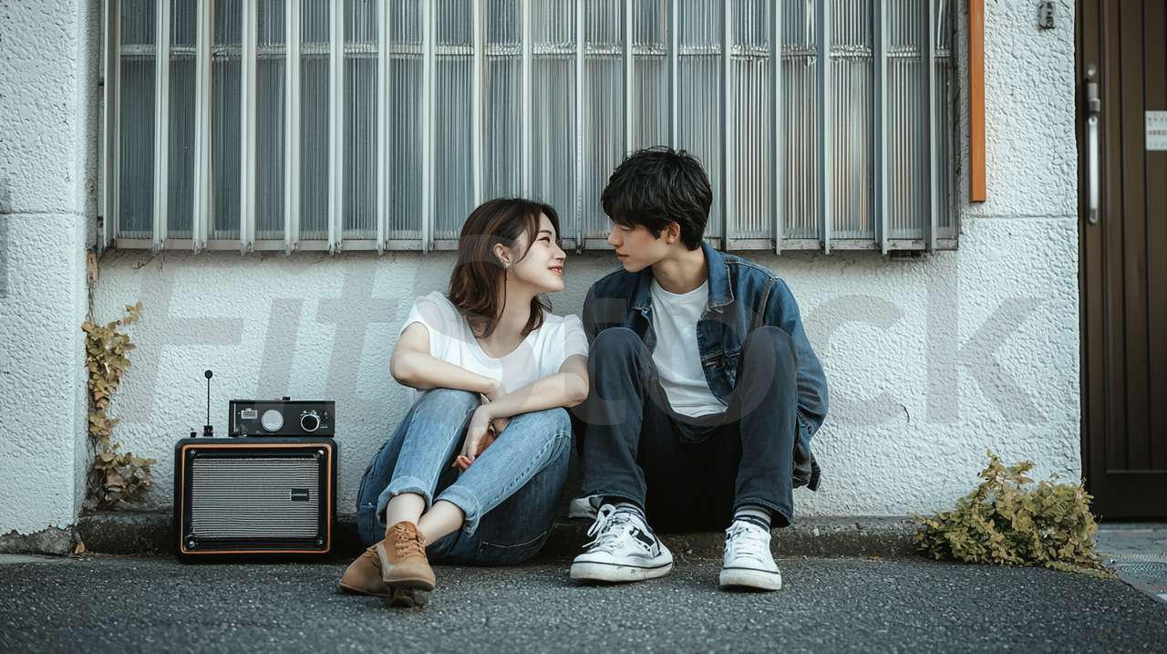 都会の路上で向き合い語り合う若いカップル