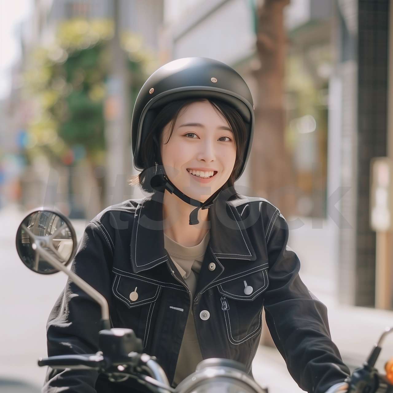 バイクに乗って笑顔を見せる女性