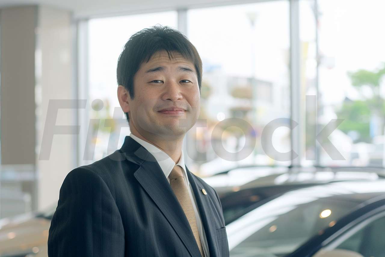 笑顔で接客するカーディーラーの男性