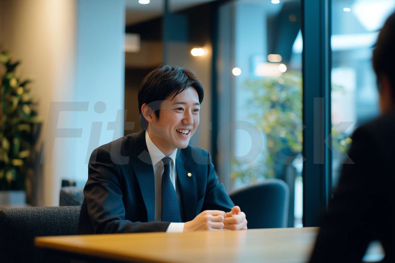 ビジネス会議で笑顔を見せる日本の男性ビジネスマン
