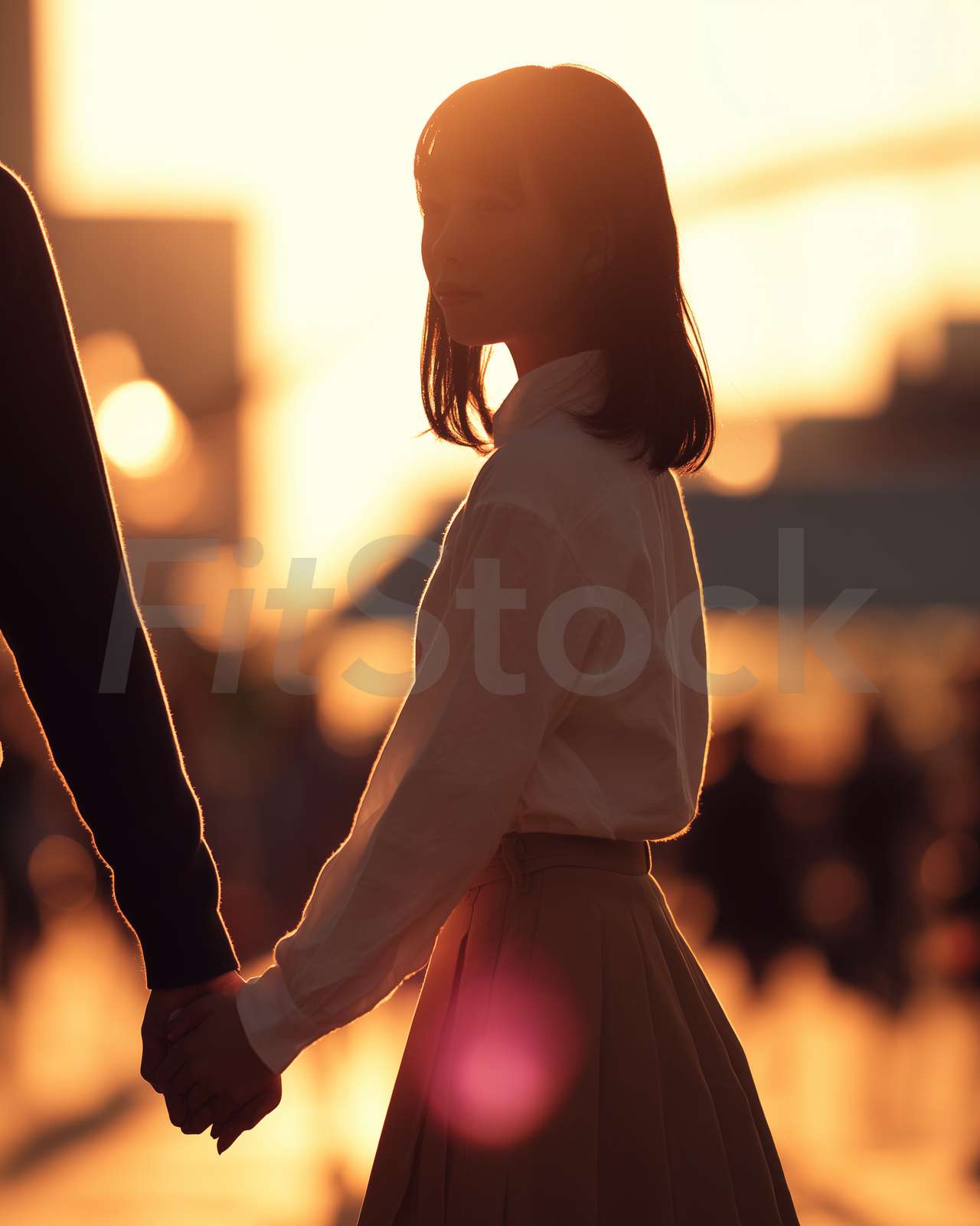 夕暮れ時に手をつなぐ二人