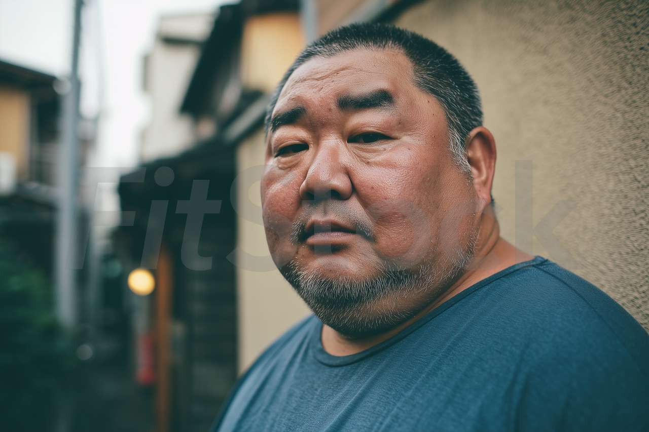 路地の真剣なアジア人男性