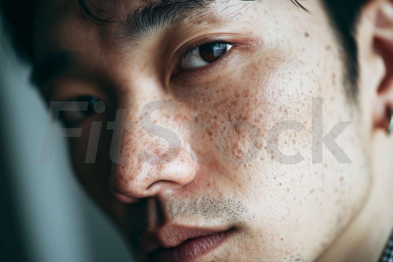 そばかすのある肌の男性のクローズアップ