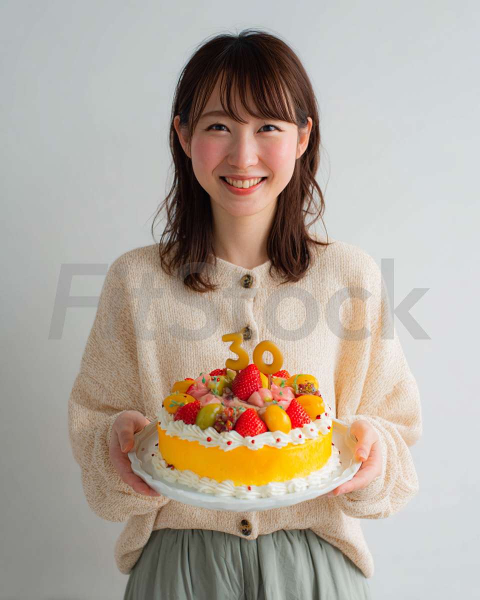 30歳の誕生日ケーキを持つ笑顔の女性