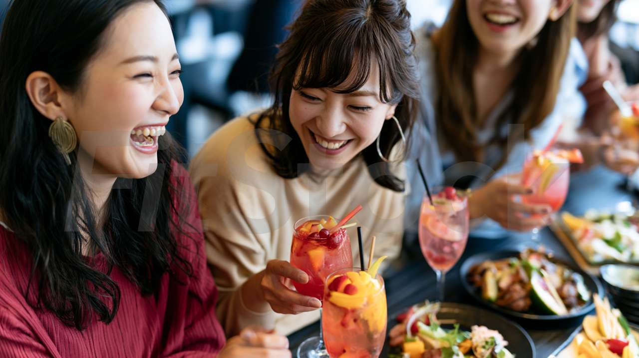 カフェで食事を楽しみながら笑い合う女性たち