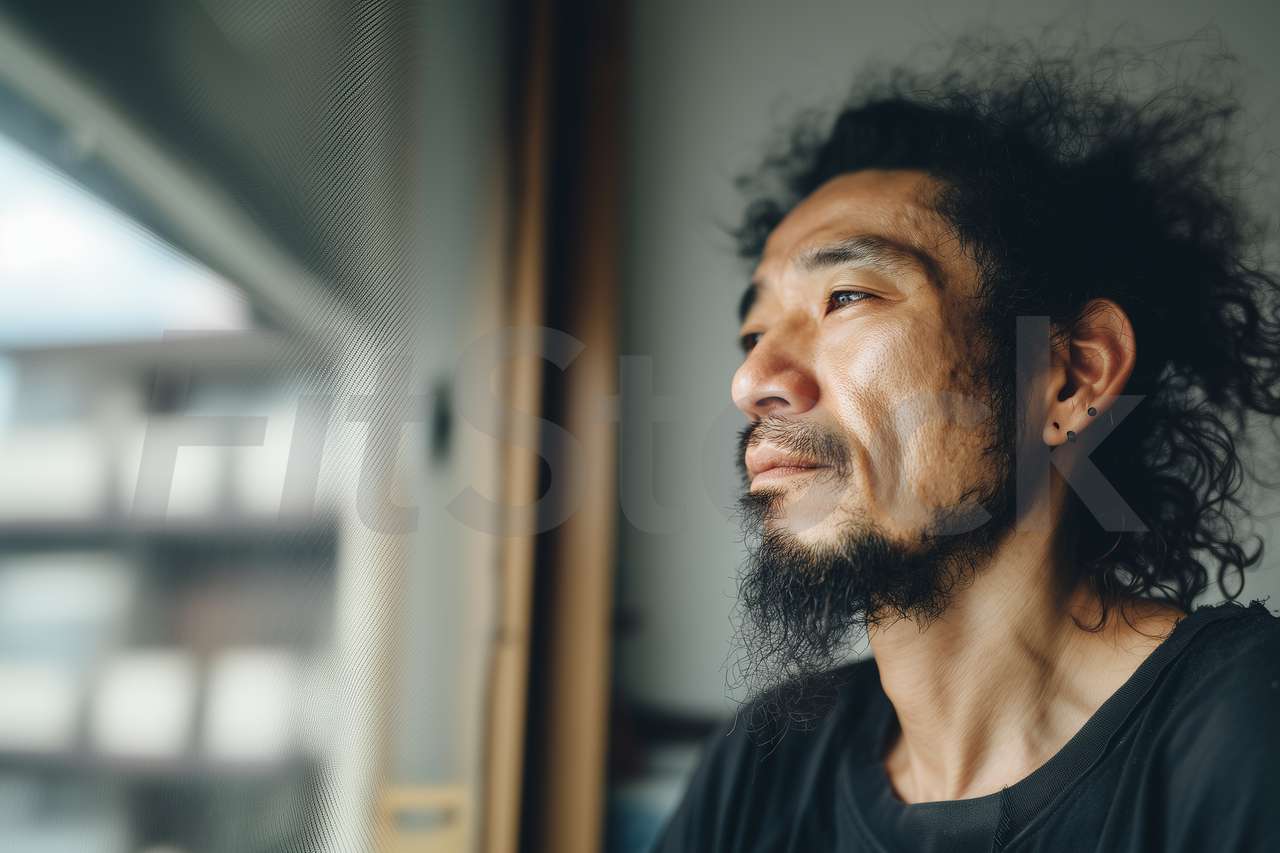 窓辺で物思いにふける髭の男性
