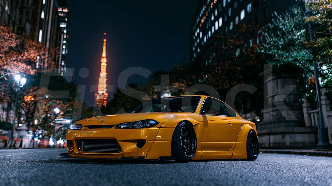 東京タワーを背景に佇むカスタムされたイエローのスポーツカー