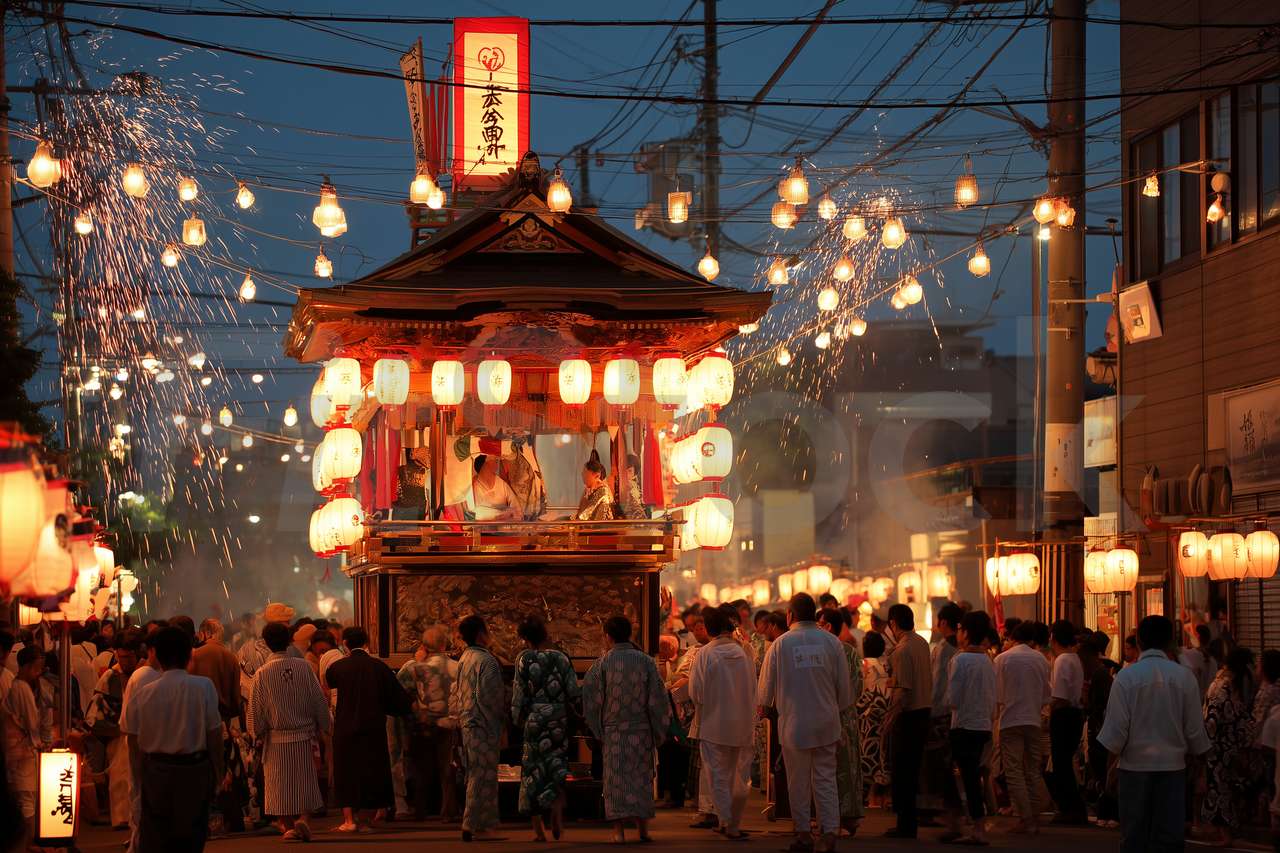 日本の祭りで山車を引く人々