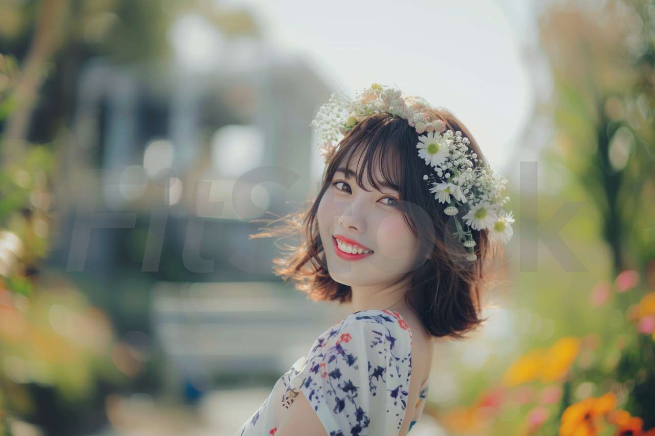 花冠をつけた笑顔の女性