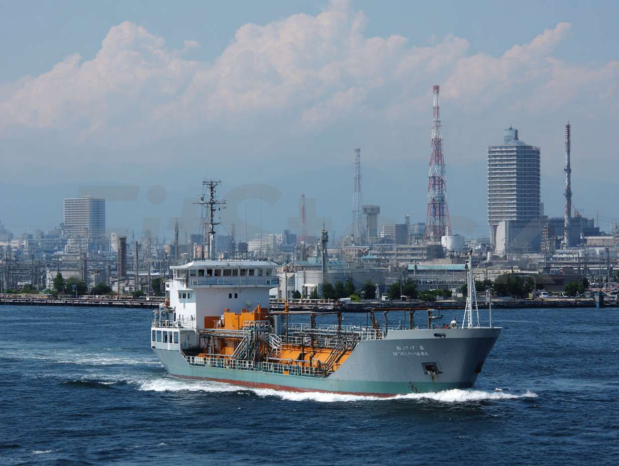 工業地帯の海を進む貨物船