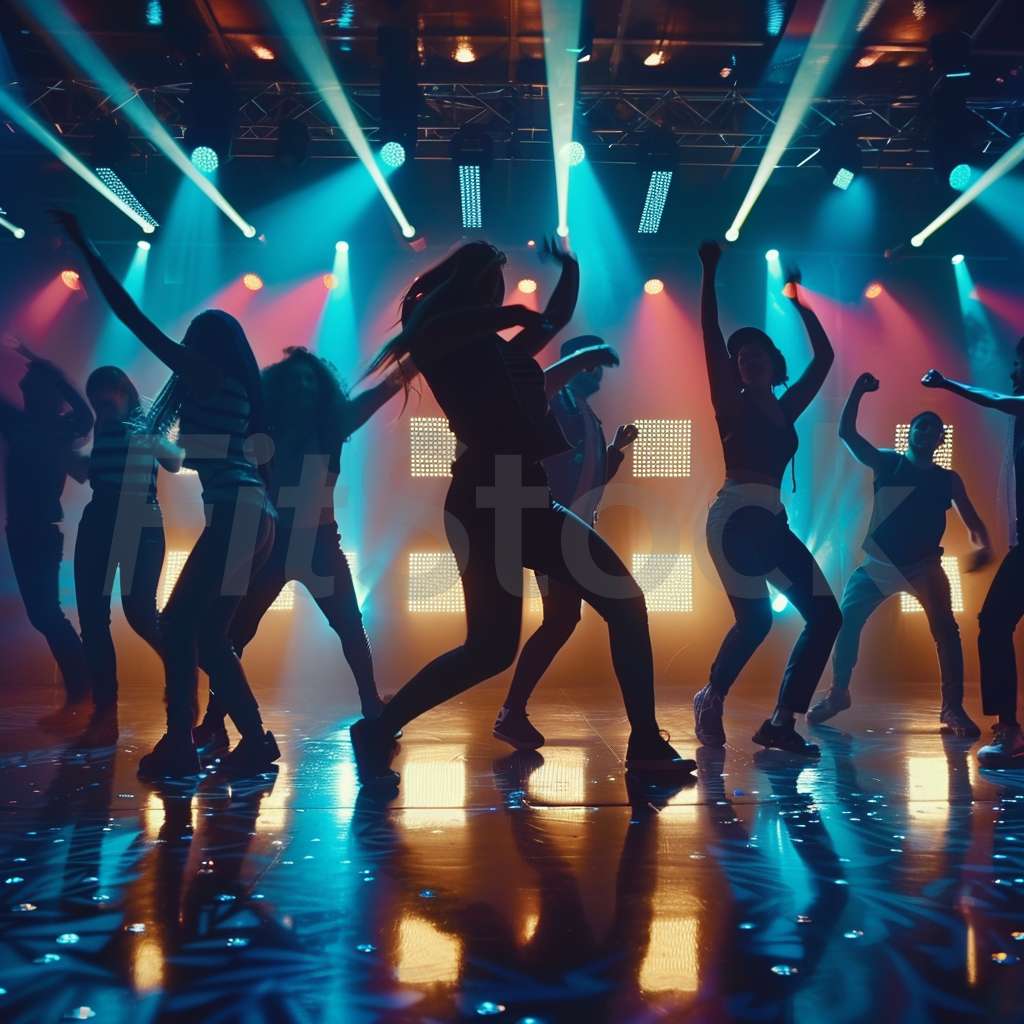 ダンスフロアで盛り上がる若者たちのシルエット