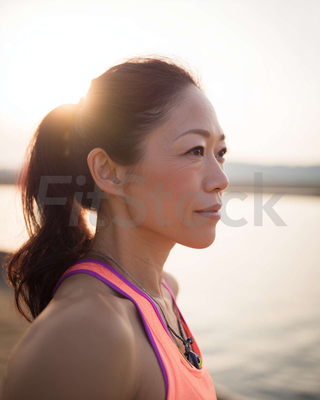 夕暮れ時に海辺で佇むアクティブなアジア人女性
