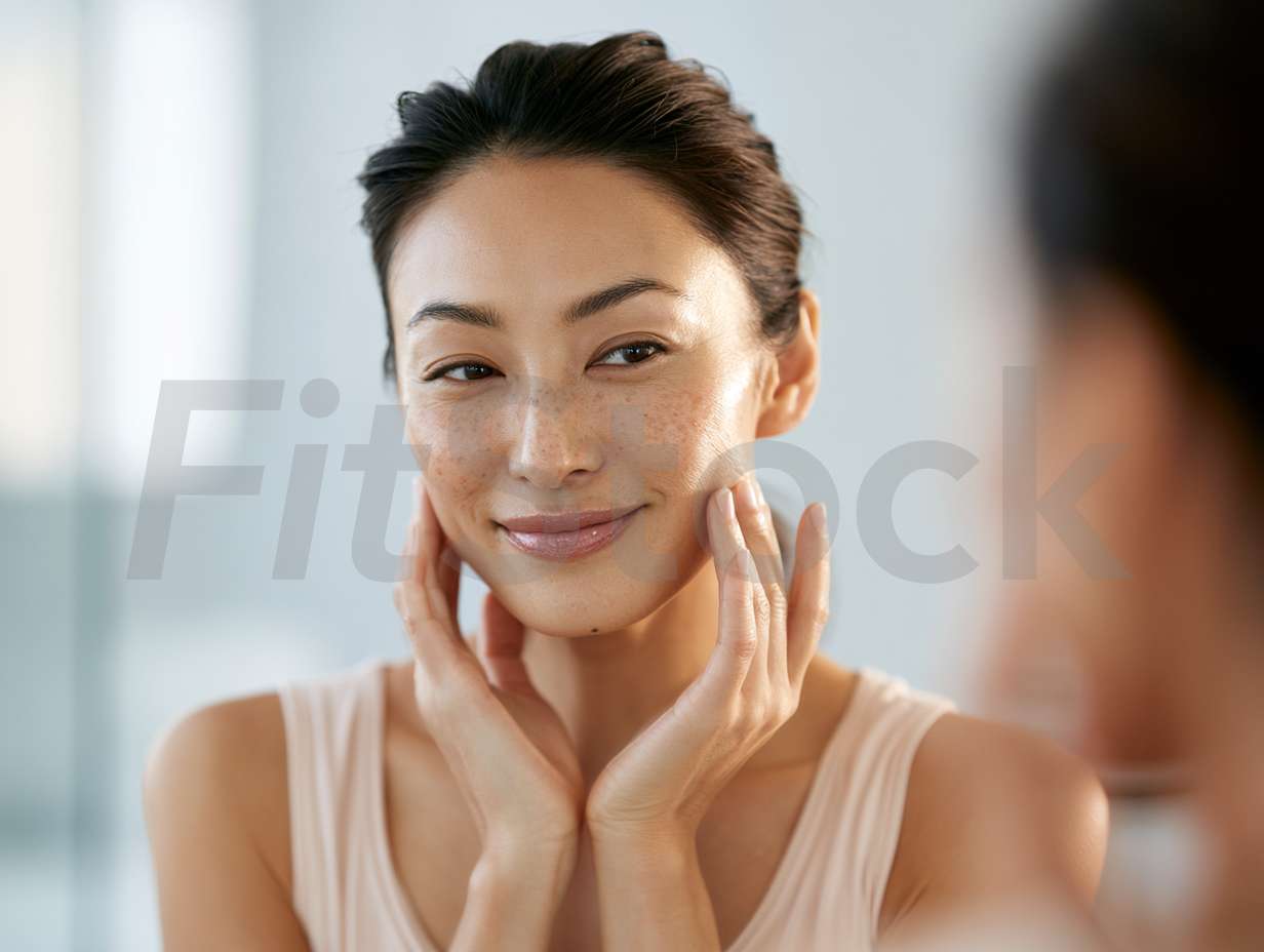 スキンケアを楽しむ自然な笑顔の女性