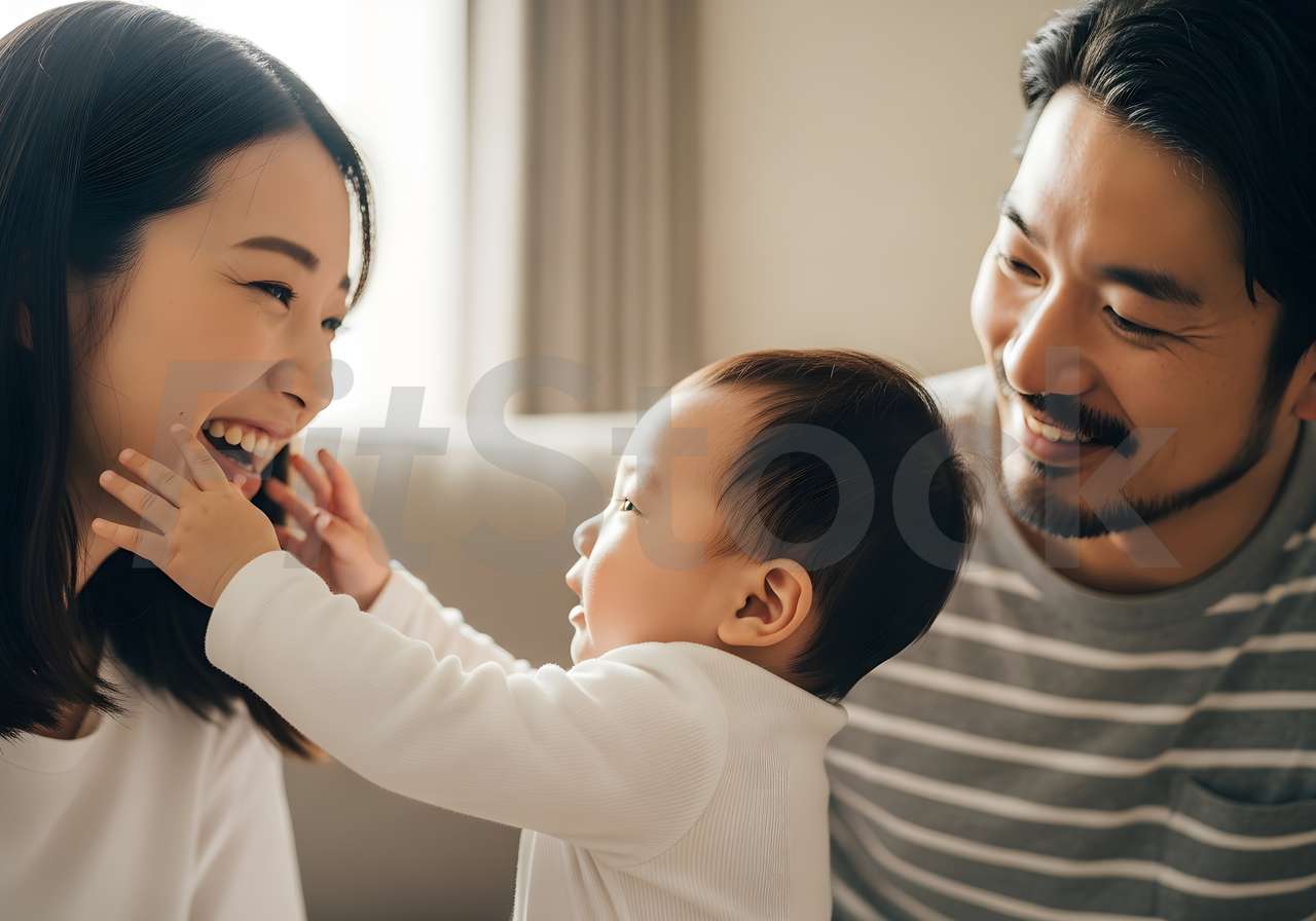 赤ちゃんと笑顔で触れ合う幸せな家族