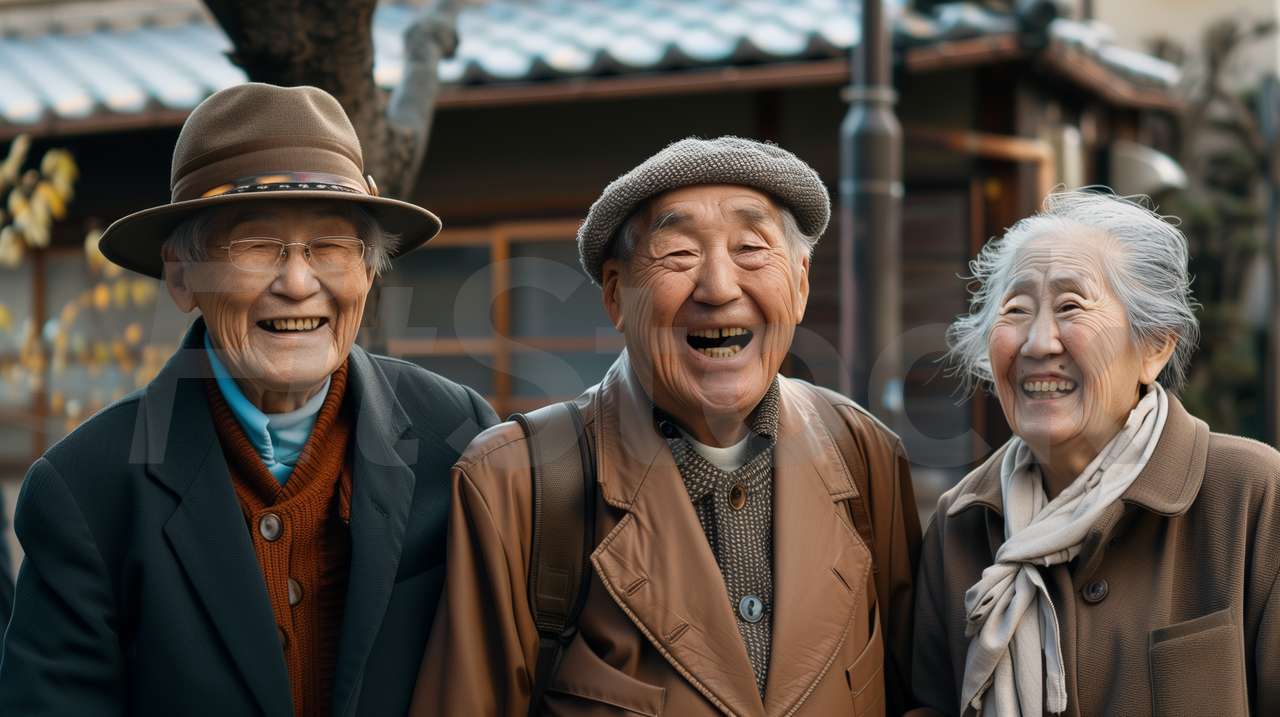 笑顔で寄り添う幸せそうな高齢者の三人組