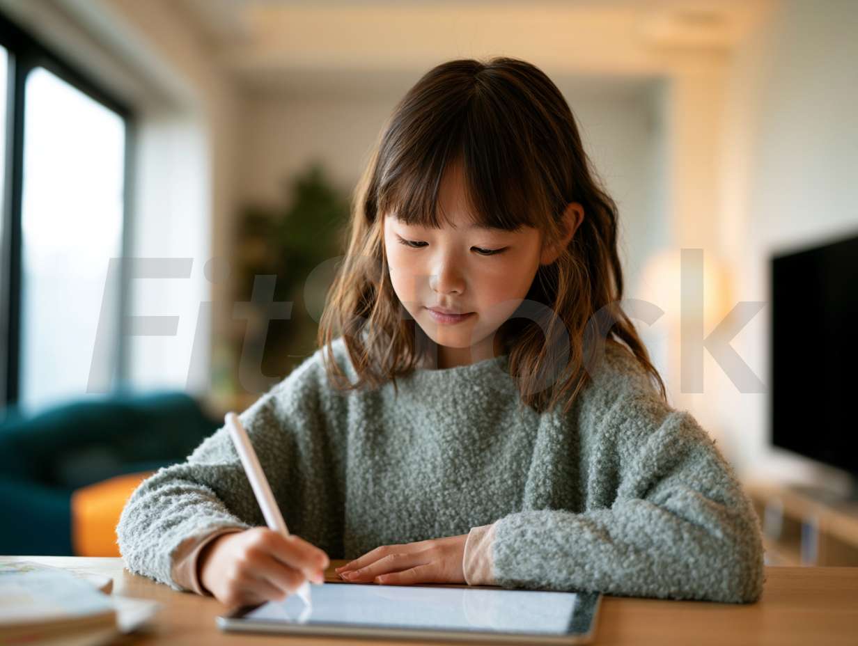 タブレットで学習する女の子