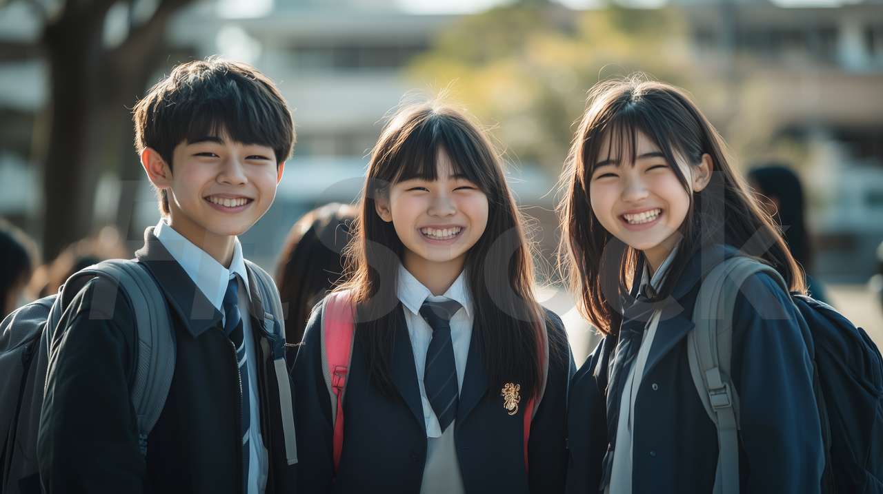 制服を着て笑顔で並ぶ学生たち