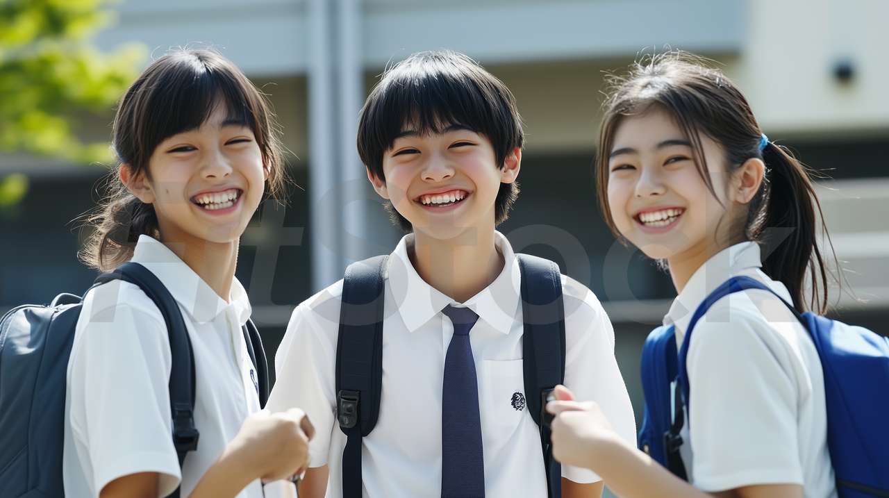 笑顔で登校する中学生の男女