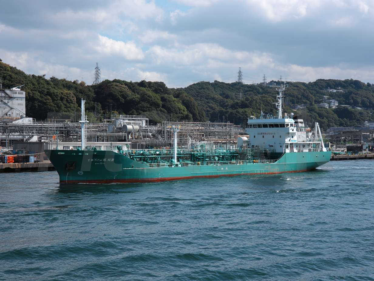 港湾を航行する緑色の貨物船