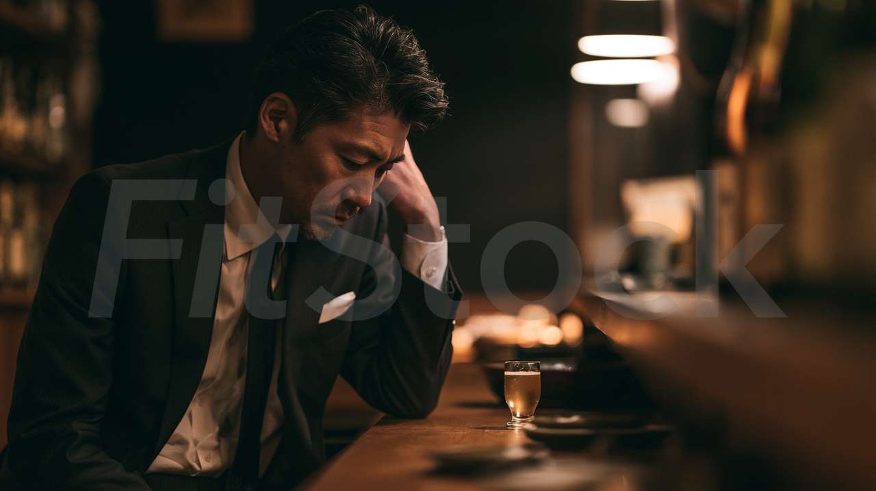 バーで一人で悩むスーツ姿の男性